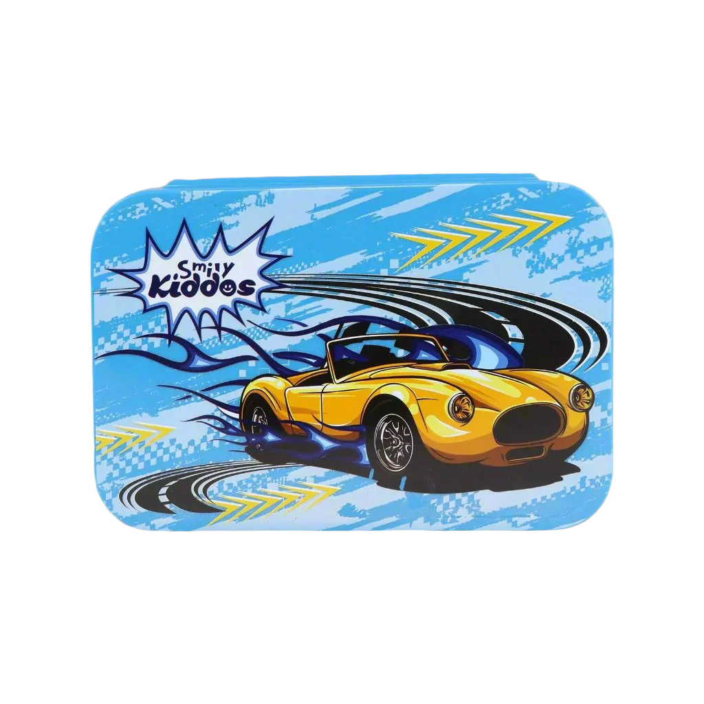 Smily Kiddos Brunch Stainless Steel Lunch Box – Race Car Theme | Blue Speedster Food Box for Kids