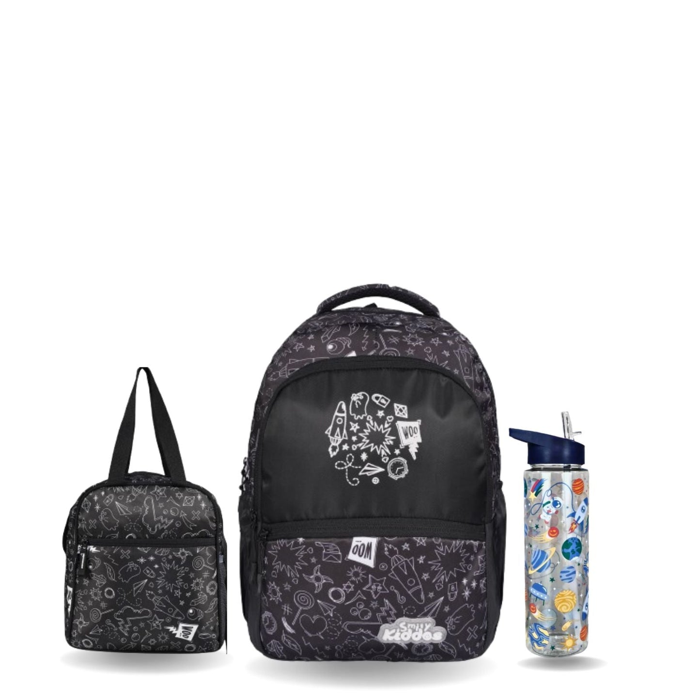 Smily Kiddos 3-in-1 School Combo – Sonic Lunch Bag, Coco Backpack & 750ml Space Sipper (Black Theme)