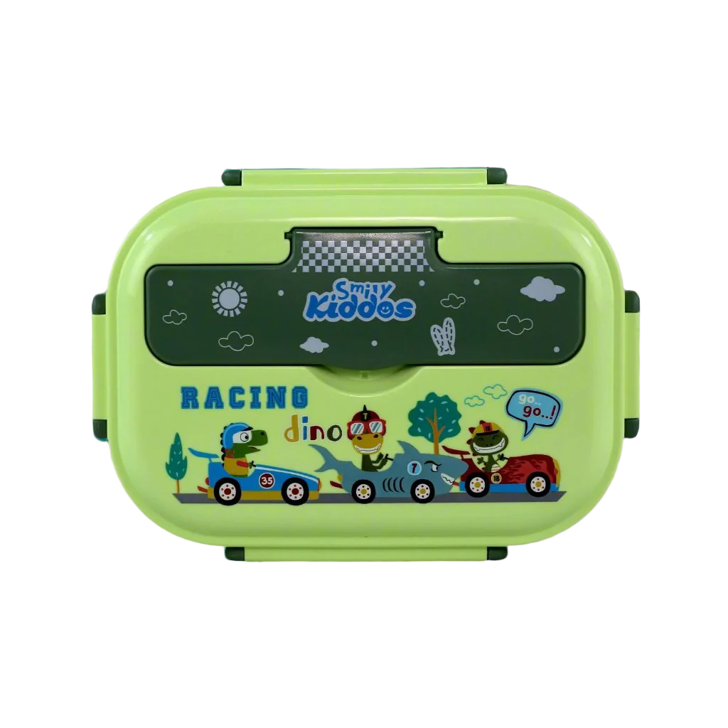 Smily kiddos Stainless Steel Racing Dino Theme Lunch Box - Green for 3+ years