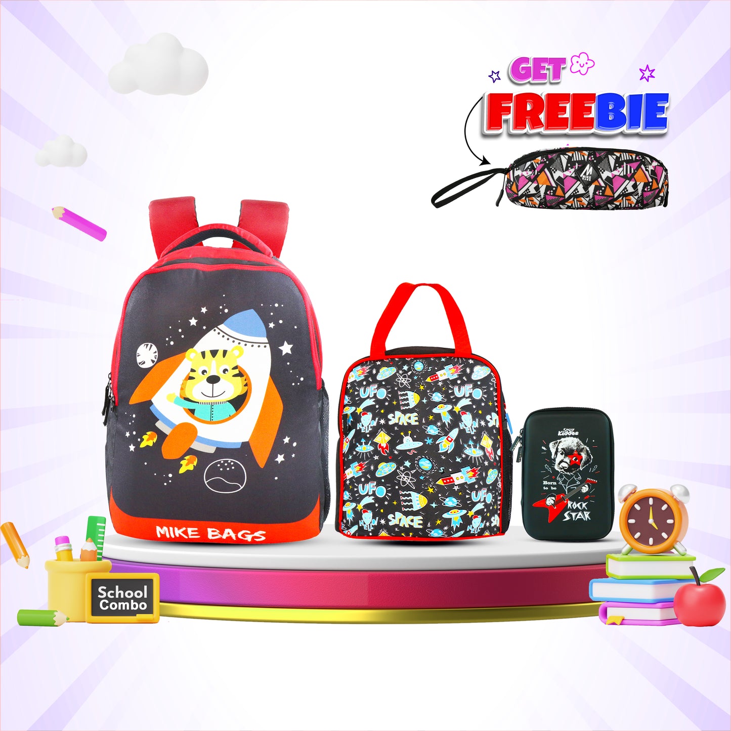 3 in 1 School Bag Includes lunch bag, 14 inch School Bags, & pencil case in box packing (1 Set Black)