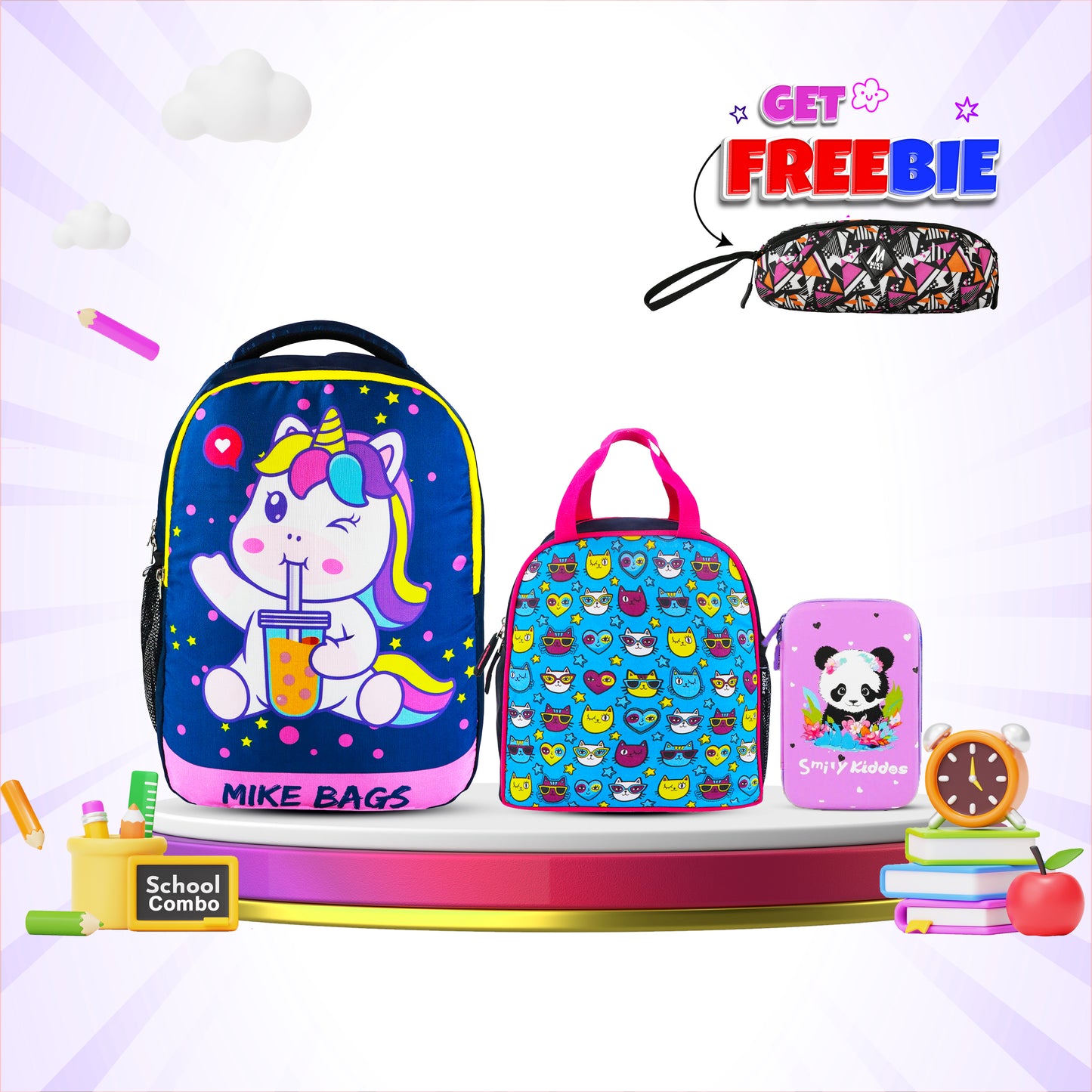 3 in 1 School Bag Includes lunch bag, 14 inch School Bags, & pencil case in box packing (1 Set/Rainbow Theme)