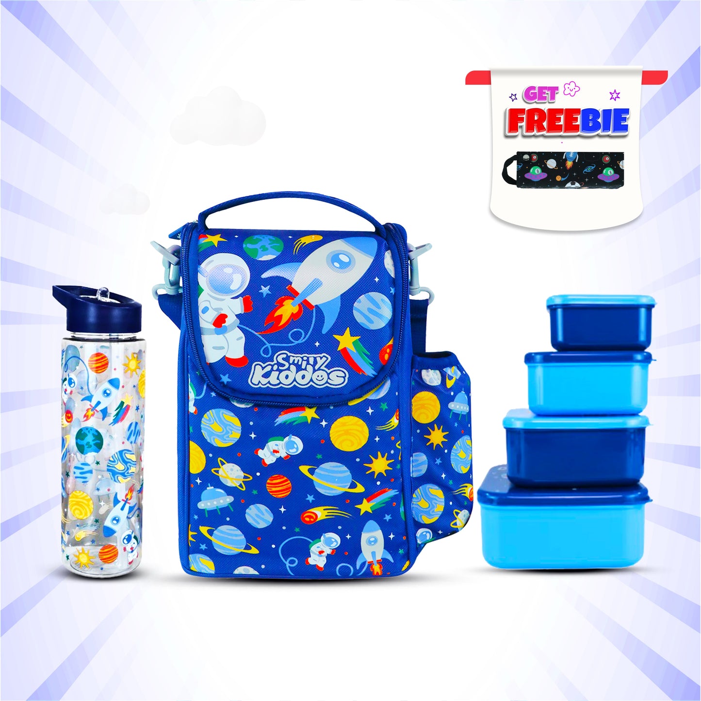 Space Theme Lunch Combo 3-in-1 Pack | Insulated Lunch Bag, BPA-Free Lunch Box & Leakproof Water Bottle - Blue