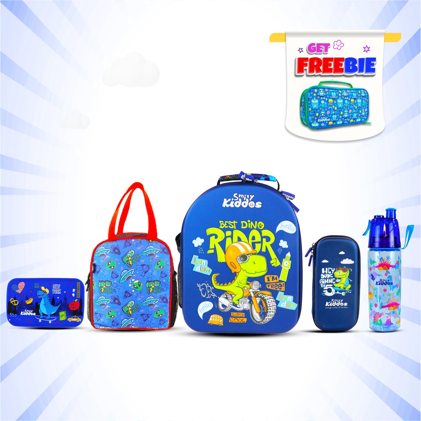 Smily Kiddos Combo Pack(Backpack,Pencil case,Lunch Bag,Lunch Box, Sports Water Bottle Blue