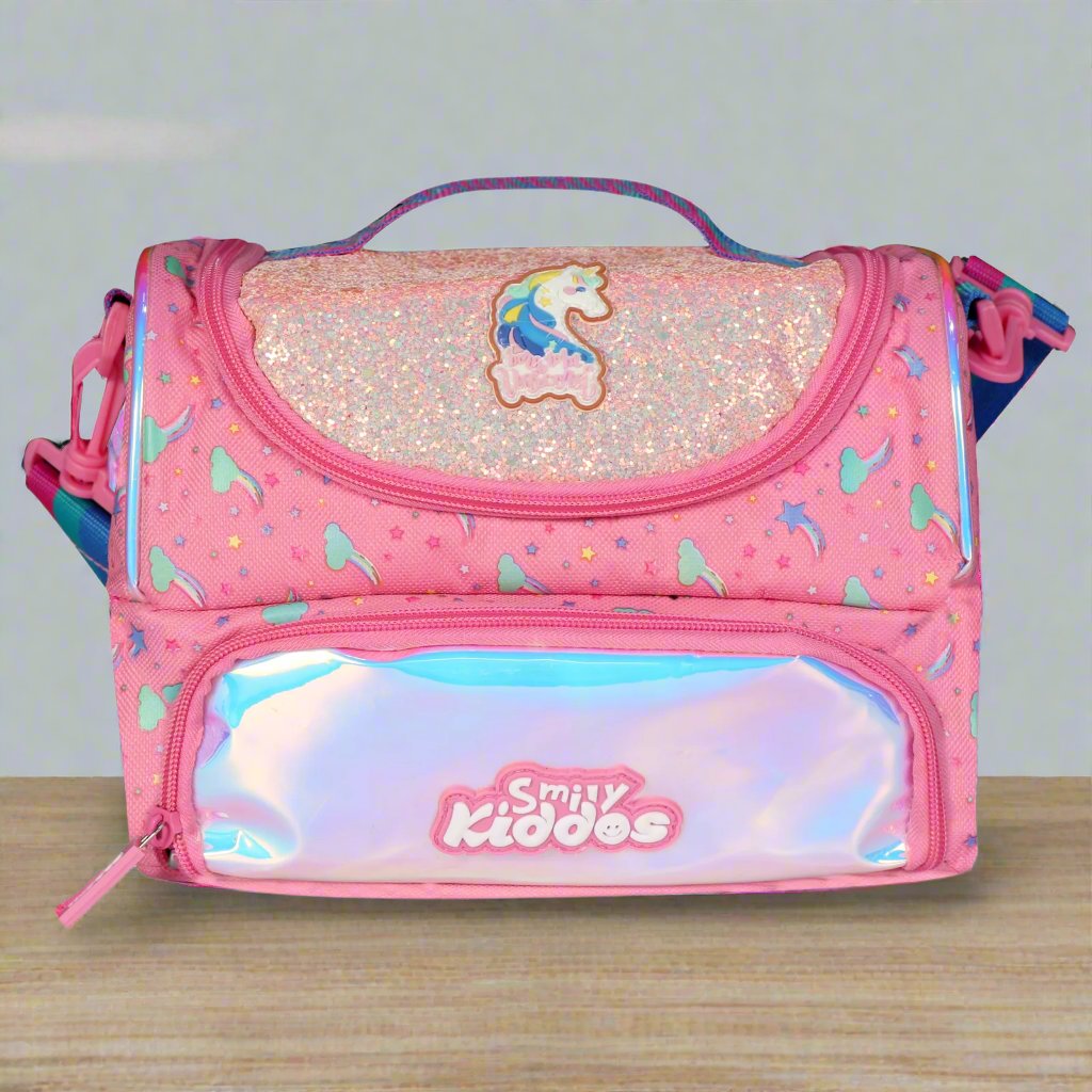Smily Kiddos Double Compartment Holographic Lunch Bag Unicorn Theme Pink