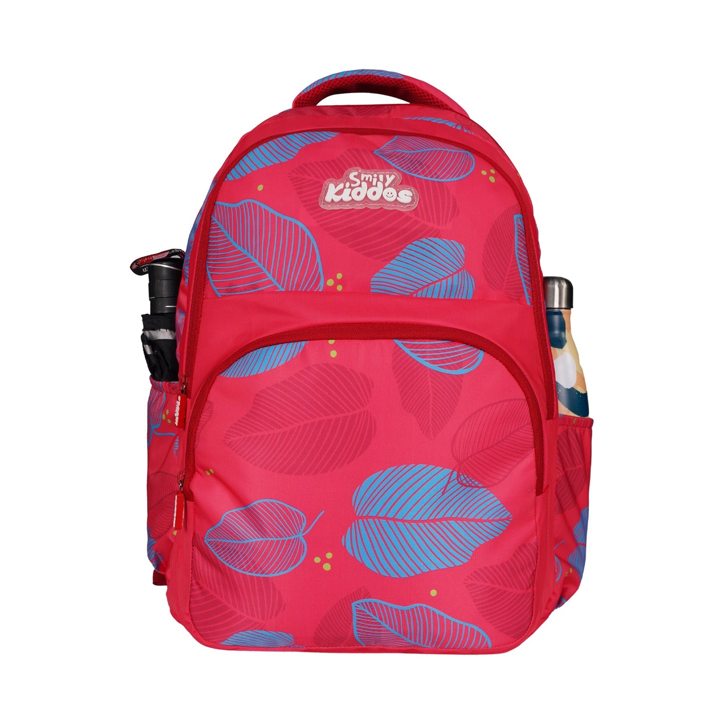 Smily Kiddos Rio Laptop Backpack for Kids - Red | Stylish Leaf Print | 19 inch School & College Bag