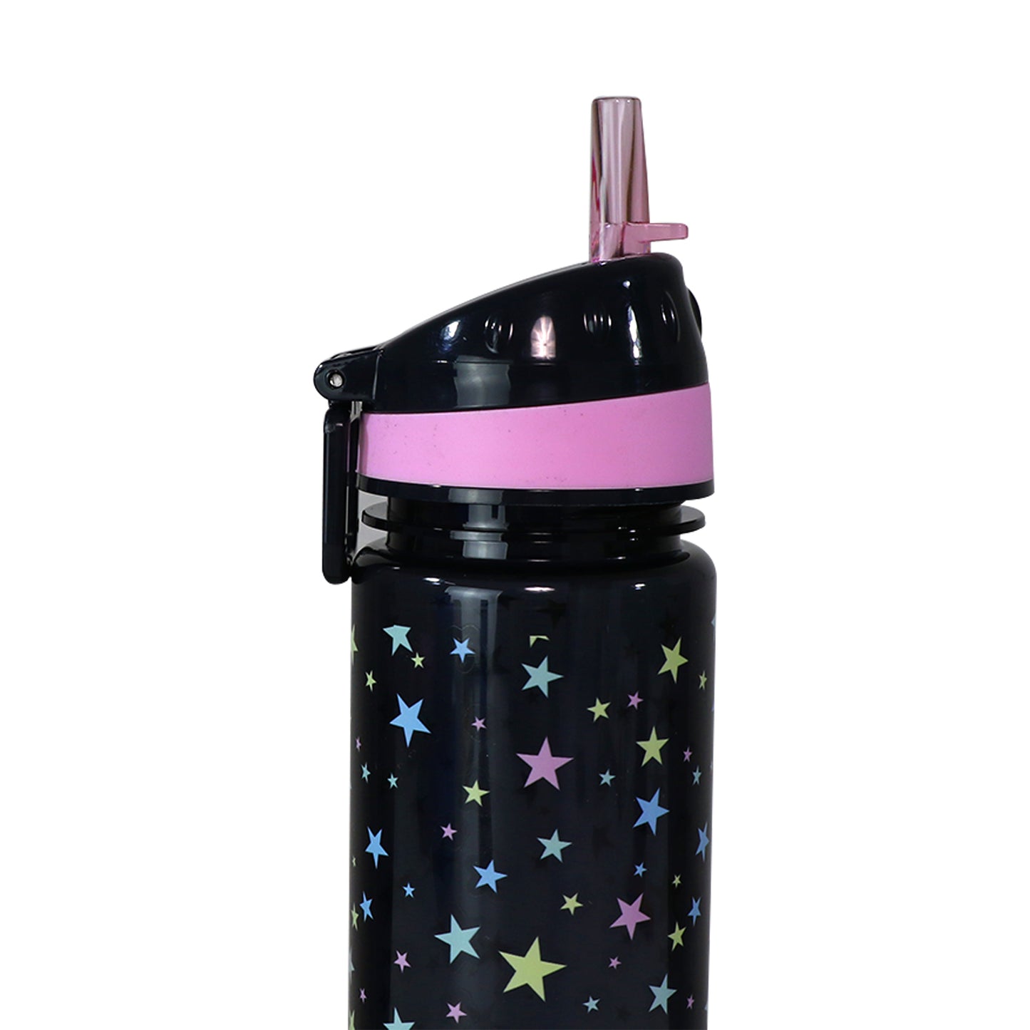 Smily Kiddos water bottle 500 ml with Flip Top Nozzle - Happy Star Theme in Black & Pink