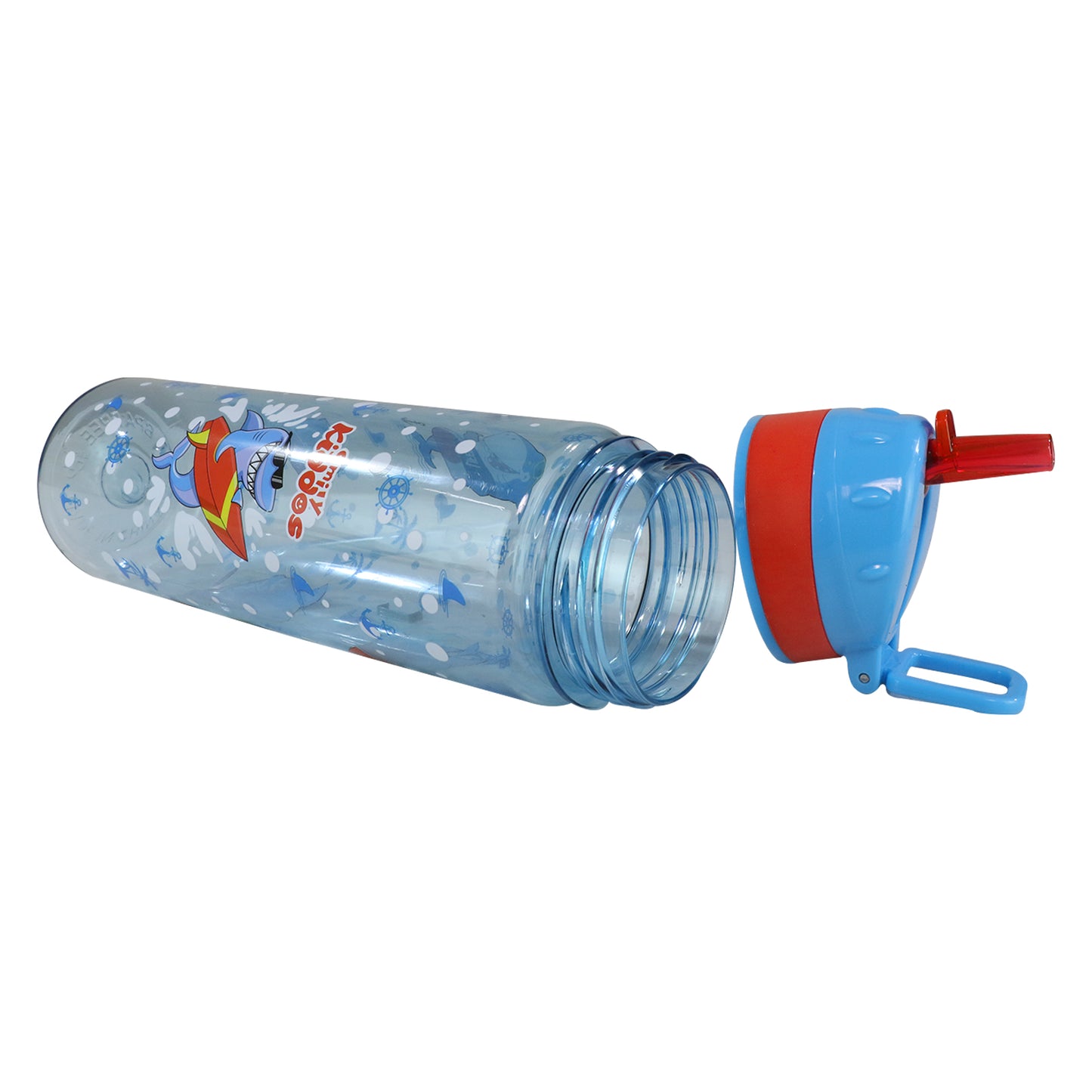 Smily Kiddos Straight Water Bottle With Flip Top Nozzle Shark Theme - Blue & Red