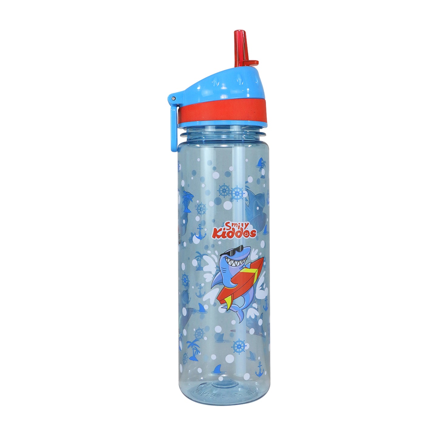 Smily Kiddos Straight Water Bottle With Flip Top Nozzle Shark Theme - Blue & Red
