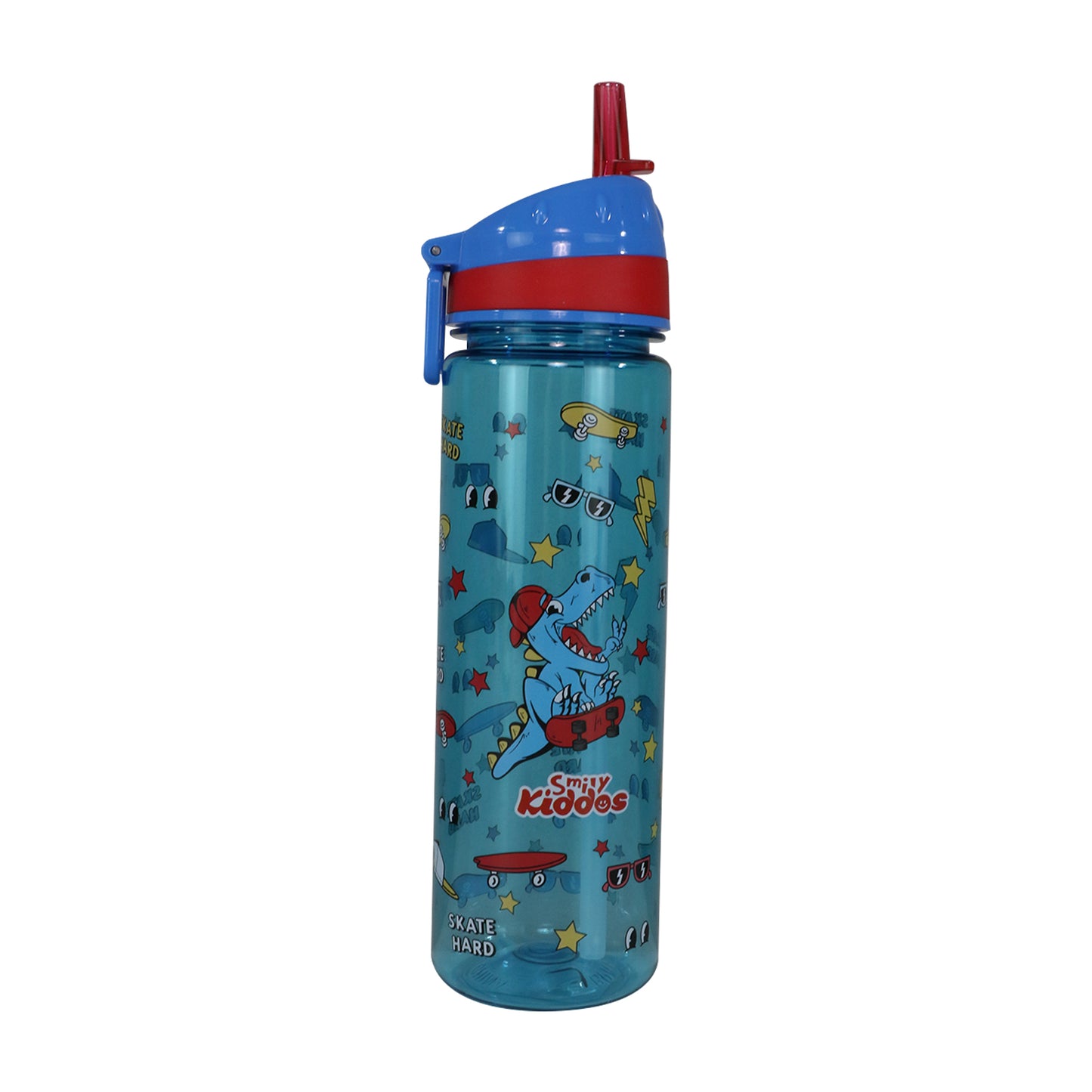 Smily Kiddos Straight Water Bottle With Flip Top Nozzle Dinosaur Theme - Blue & Red