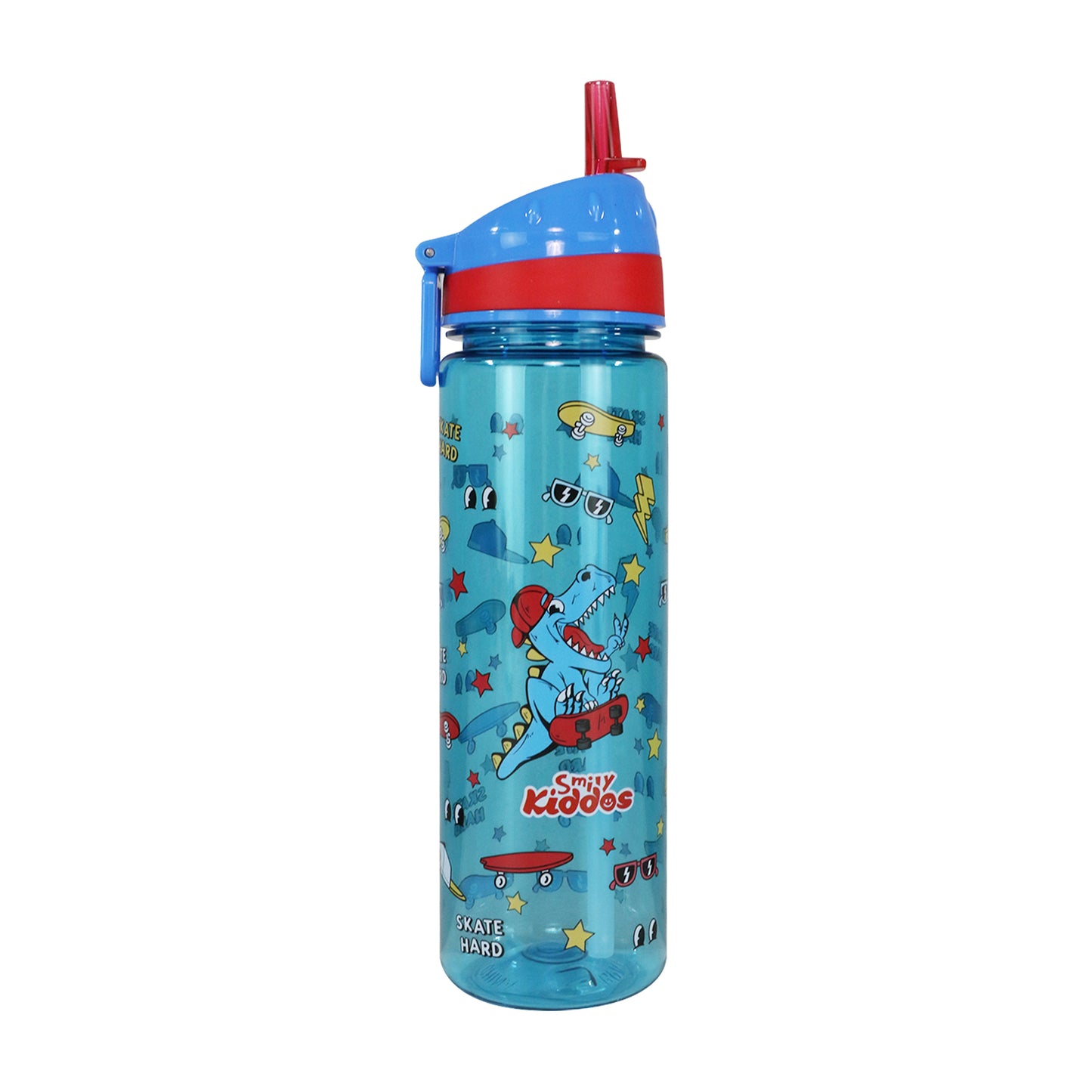 Smily Kiddos Straight Water Bottle With Flip Top Nozzle Dinosaur Theme - Blue & Red