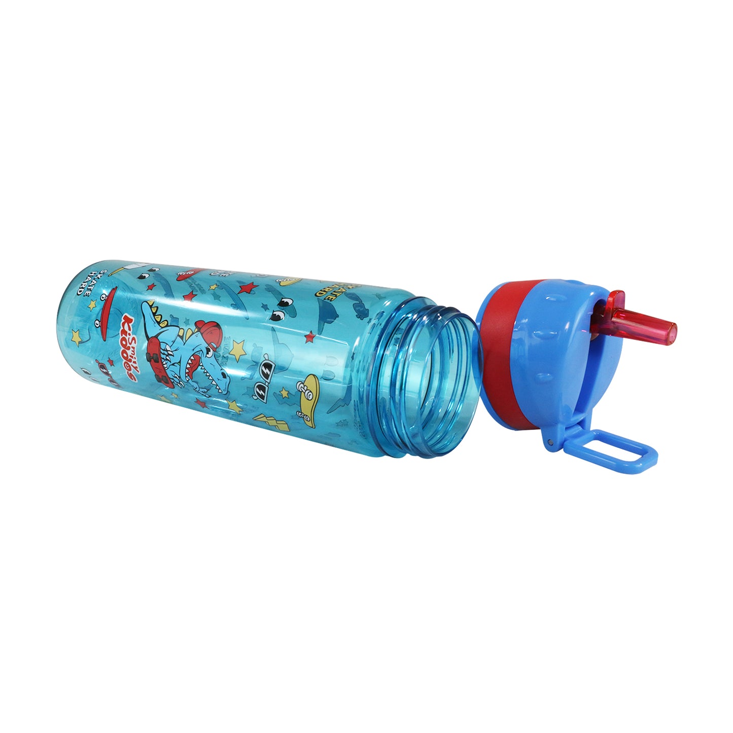 Smily Kiddos Straight Water Bottle With Flip Top Nozzle Dinosaur Theme - Blue & Red
