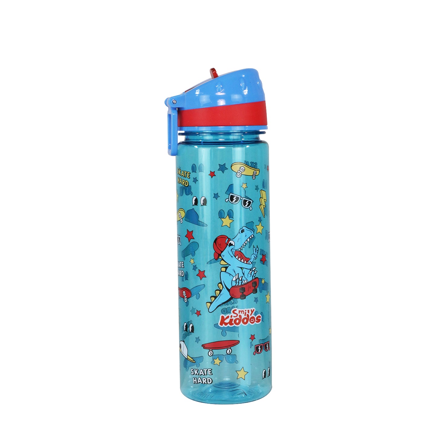 Smily Kiddos Straight Water Bottle With Flip Top Nozzle Dinosaur Theme - Blue & Red