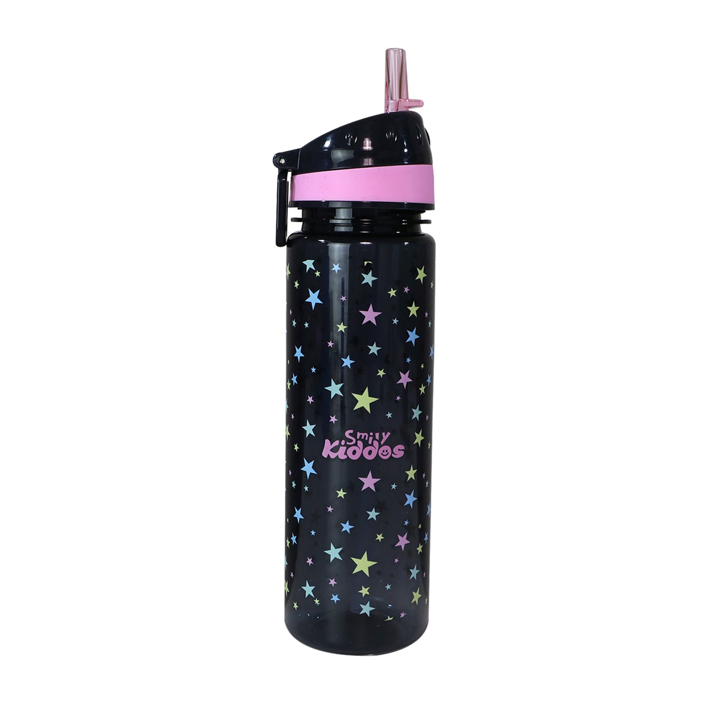 Smily Kiddos water bottle 500 ml with Flip Top Nozzle - Happy Star Theme in Black & Pink