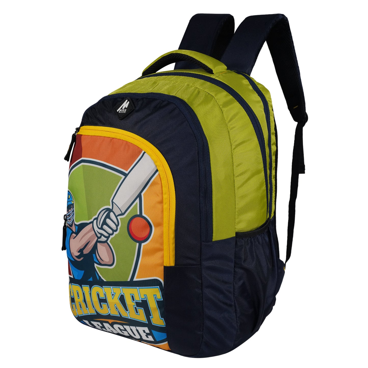 Mike Spark School Backpack (Cricket Theme) - Green & N Blue