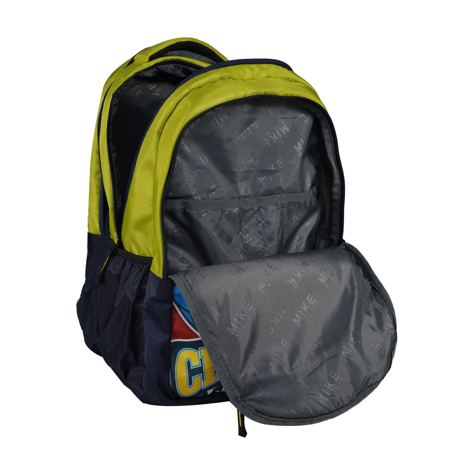 Mike Spark School Backpack (Cricket Theme) - Green & N Blue