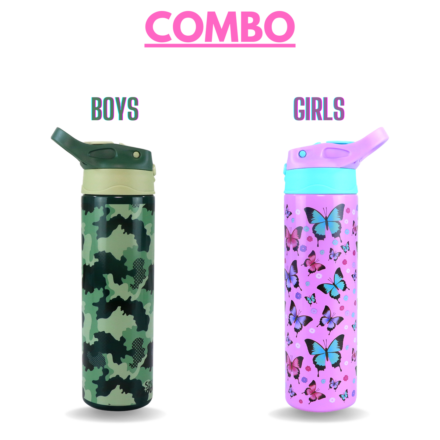 Smily Kiddos Insulated Water Bottle 600ml : Butterfly/Camo Theme (Pack of 2)
