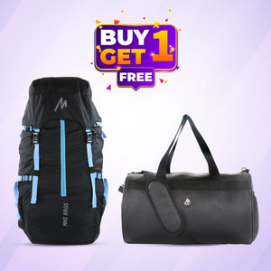 Mike Adventure Trekking Backpack and PU Leather Duffel Bag (60L+27L Black and Blue)