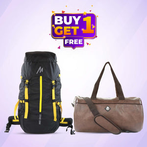 Mike Adventure Trekking Backpack and PU Leather Duffel Bag (60L+27L Brown and Yellow)