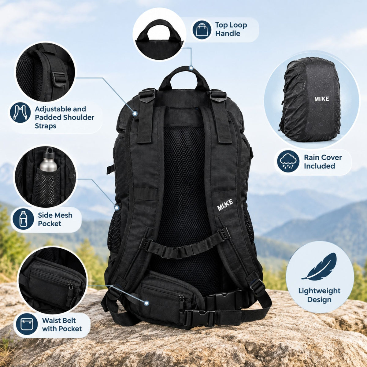 Mike Urban Trek Laptop Backpack with Rain Cover - Black