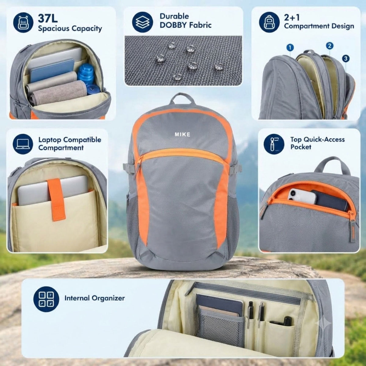 Mike Urban Trek Laptop Backpack with Rain Cover - Grey