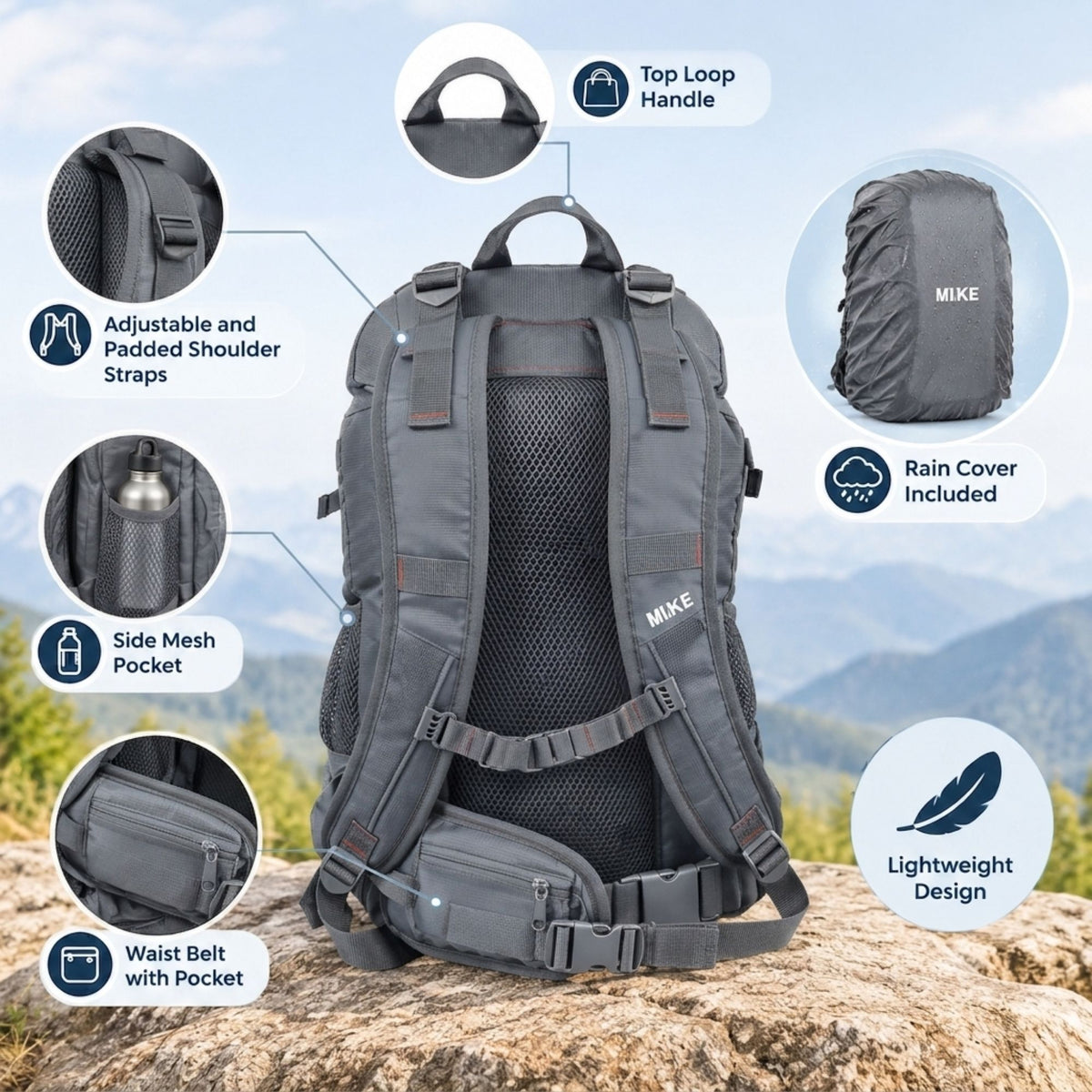 Mike Urban Trek Laptop Backpack with Rain Cover - Grey