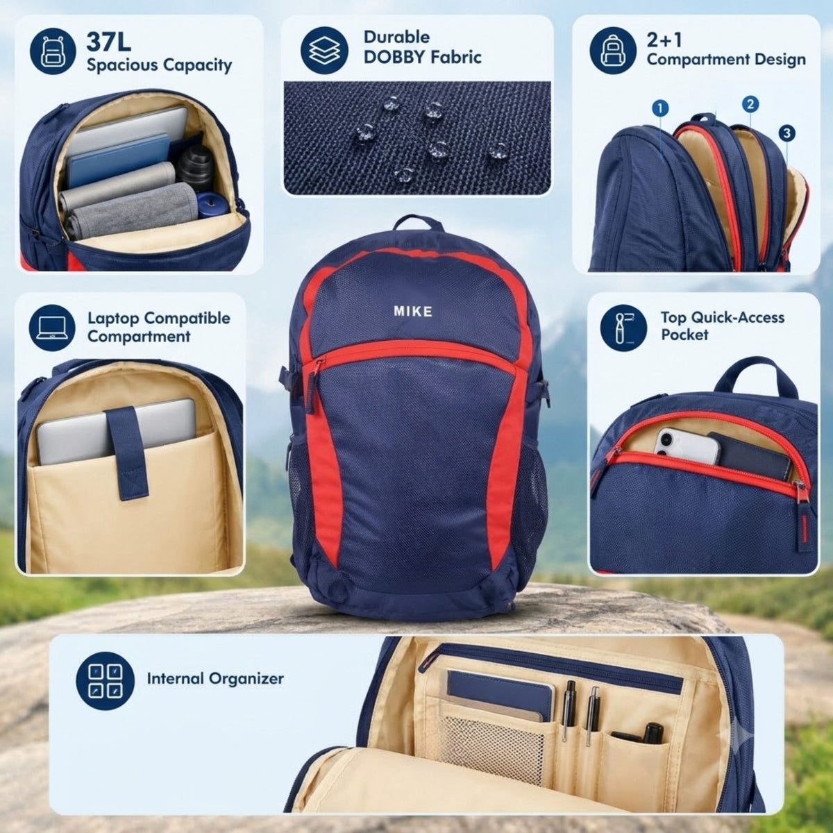 Mike Urban Trek  Laptop Backpack with Rain Cover - Navy Blue
