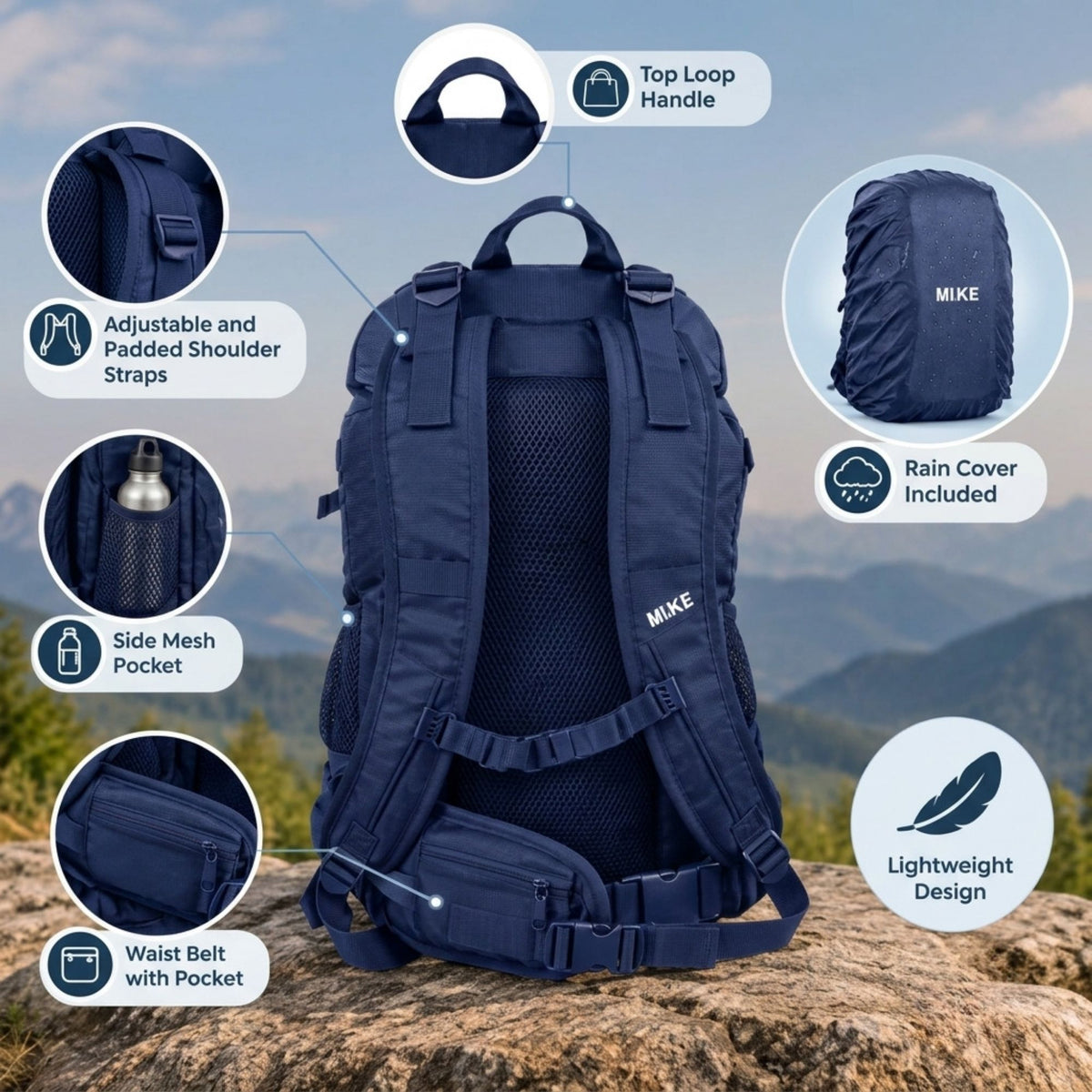 Mike Urban Trek  Laptop Backpack with Rain Cover - Navy Blue