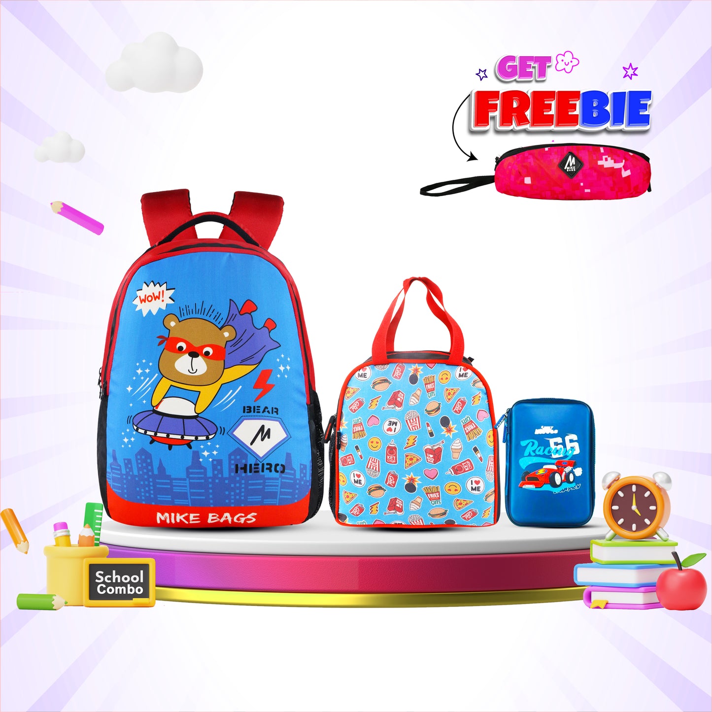 3 in 1 School Bag Includes lunch bag, 14 inch School Bags, & pencil case in box packing (1 Set/Mixed Blue)