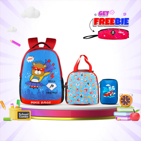 Image of 3 in 1 School Bag Includes lunch bag, 14 inch School Bags, & pencil case in box packing (1 Set/Mixed Blue)