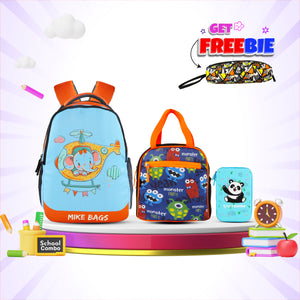 3 in 1 School Bag Includes lunch bag, 14 inch School Bags, & pencil case in box packing (1 Set/Blue)