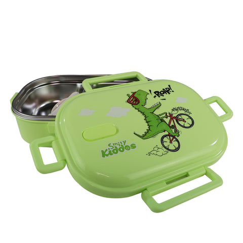 Image of Smily kiddos Stainless Steel Roar Dino Theme Lunch Box - Green - medium for 3+ years