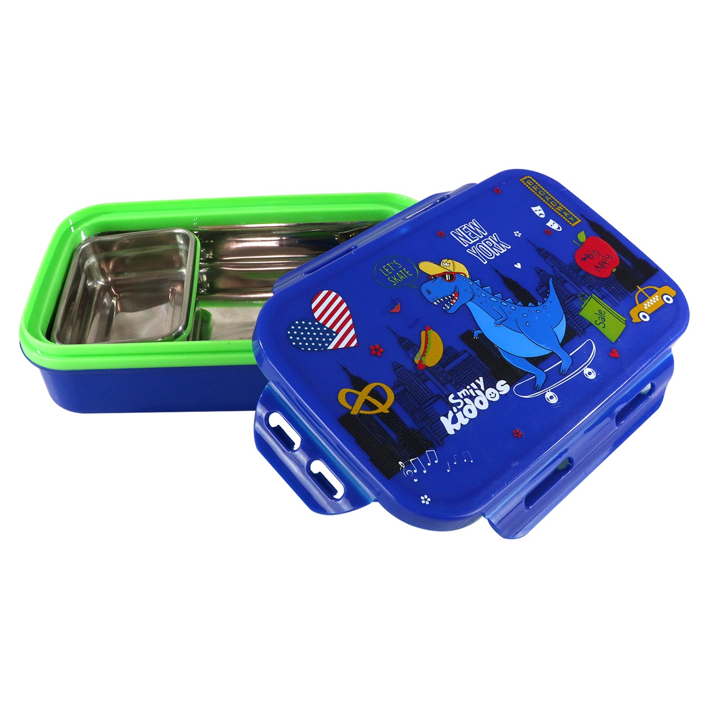 Smily Kiddos Small Brunch Lunch Box – Dino on Skateboard | Stainless Steel Tiffin Box for Kids – New York Theme