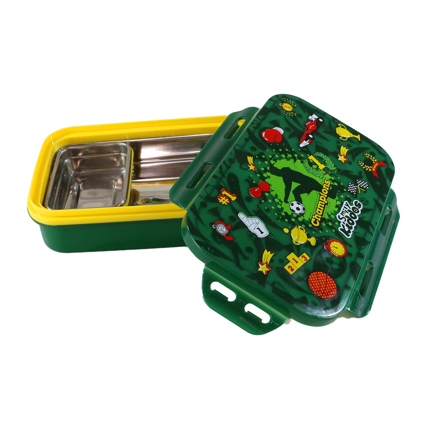 Smily Kiddos Small Brunch Lunch Box – Sports Champion Theme | Stainless Steel Food Box for Kids – Green