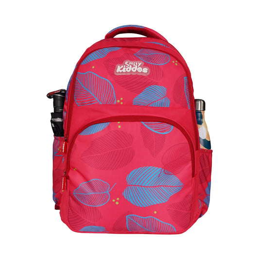 Smily Kiddos Rio Laptop Backpack for Kids - Red | Stylish Leaf Print | 19 inch School & College Bag