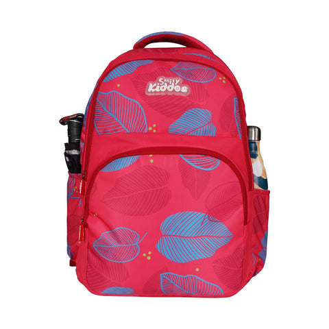 Image of Smily Kiddos Rio Laptop Backpack for Kids - Red | Stylish Leaf Print | 19 inch School & College Bag