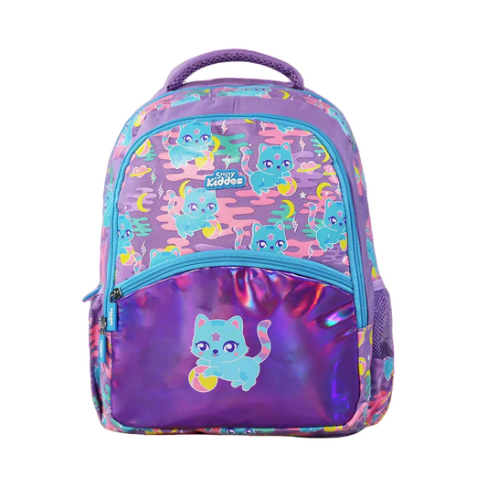Smily Kiddos 15 Inch School Backpack – Purple | Kitty Theme | Cute Cat Print, Lightweight & Spacious Bag for Girls