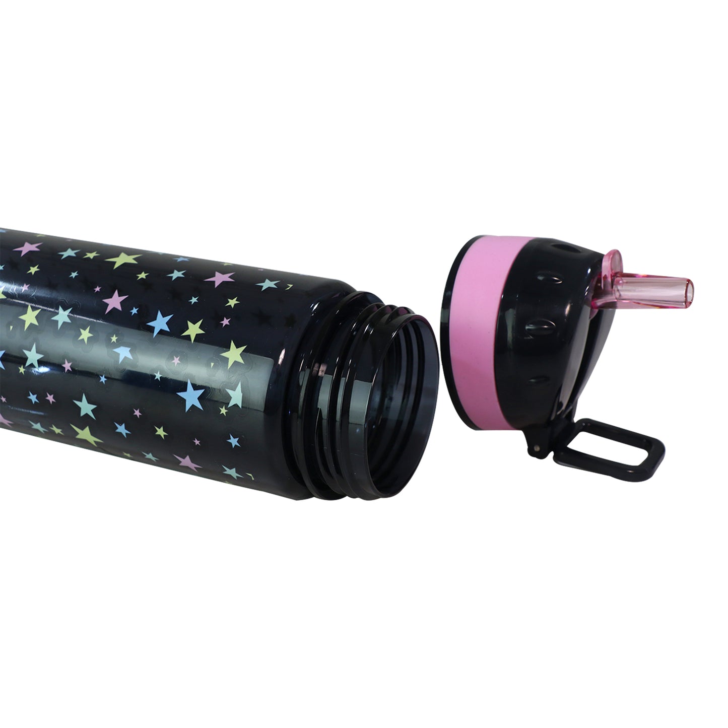 Smily Kiddos water bottle 500 ml with Flip Top Nozzle - Happy Star Theme in Black & Pink