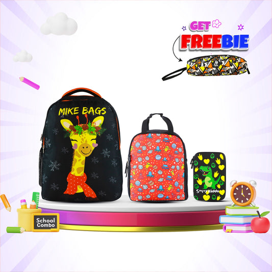 3 in 1 School Bag Includes lunch bag, 14 inch School Bags, & pencil case in box packing (1 Set Black)