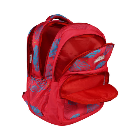 Image of Smily Kiddos Rio Laptop Backpack for Kids - Red | Stylish Leaf Print | 19 inch School & College Bag