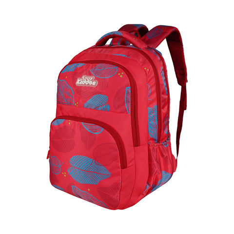 Image of Smily Kiddos Rio Laptop Backpack for Kids - Red | Stylish Leaf Print | 19 inch School & College Bag