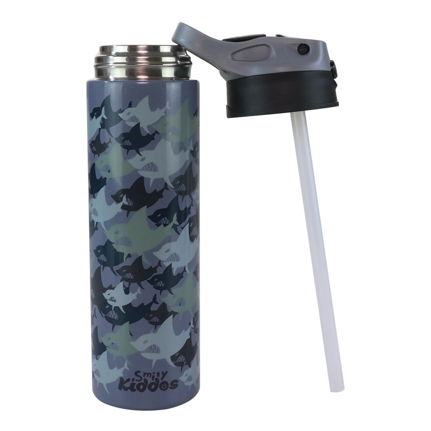Smily Kiddos Insulated Water Bottle 600ml - Shark  Theme Grey